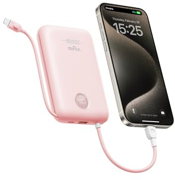 Externt batteri 2 0000 mAh VIYISI 30 W Power Bank ultrasnabb USB C-laddning med inbyggda kablar, kompakt bärbart batteri, kompatibelt med iPhone 16 15 14 13 12 11 Samsung (rosa)