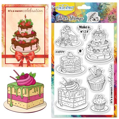 CHGCRAFT Kuchen Dessert Clear Stempel Geburtstagswünsche Transparent Handwerk Stempel für DIY Scrapbooking Fotoalbum dekorative Karten machen, Kuchen, 6,3x4,3 Zoll