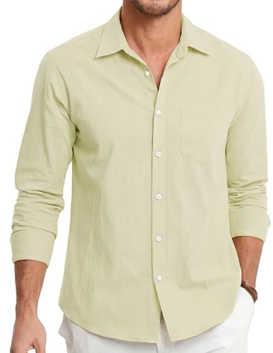 HISDERN Camicia da Uomo in Lino a Maniche Lunghe, Camicia di Cotone per il Tempo Libero, Camicia in Lino con Tasche, Vestibilità Normale, Camicia Business Estiva, giallo chiaro, L