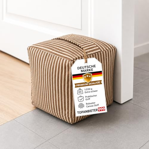 Türstopper Stoff 1kg Türhalter Würfel 12cm Griff Türpuffer Braun Streifen | Waschbarer Bezug mit Reißverschluss, rutschfeste Unterseite, sicherer Stand, flexibel transportieren für Fliesen & Laminat