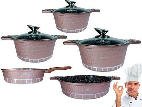 Lot de 10 casseroles, poêles, couvercles, wok, induction, revêtement marbré, casseroles et poêles avec couvercles à revêtement noir, ustensiles de cuisine à induction (or rose)