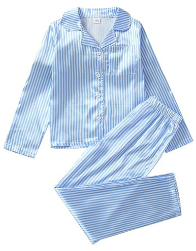 Pyjamas rayés en soie pour filles à manches longues Pyjamas en satin pour garçons boutonnés Pjs Enfants Ensembles de chemises à revers assorties Pantalons Poches Combinaisons de nuit confortables et