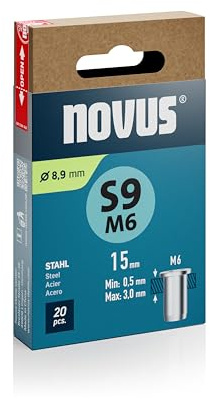NOVUS TOOLS Dadi per rivetti ciechi in acciaio, diametro 8,9 mm, filettatura M6, lunghezza 15 mm, 20 dadi rivetti, lunghezza morsetto 0,5 – 3,0 mm, ideale per fissaggio in lamiere di acciaio e