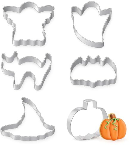EAVUYIS Juego de Cortadores de Galletas de Halloween, 6 Piezas Cortadores de Galletas de Acero Inoxidable, Calabaza, Fantasma, Gato Negro, Murciélago, Sombrero de Bruja