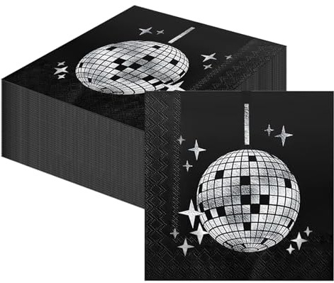 QingWing 40 Stück Disco Deko Servietten, 33 x 33 cm Disco Servietten Discokugel, 70er 80er 90er Jahre Retro Party Deko Discokugel Party Dekorationen, für Familientreffen Geburtstagsfeier (Schwarz)