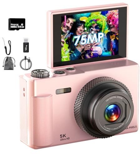 Appareil Photo Numérique, UHD 5K​​ 75MP Digital Camera avec Carte Micro SD 64 Go, Écran Rotatif à 180° de 2,83'', Zoom 18X, Anti-Shake, Appareil Photo Compact pour Enfants Adultes ​​Débutants​ (Rose)