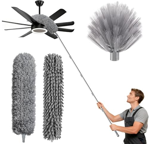 Freyeeti 6 m Plumero telescopico Extensible, con Plumero de Microfibra de Tela de araña, Palo telescópico de 1,5 a 4,9 m para Ventilador de Techo, Techo, Ventanas, Paredes, Gris