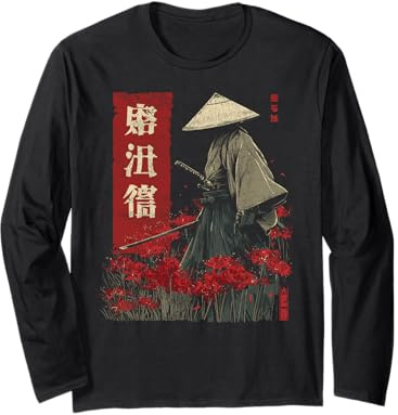 Samurai Guerriero Rosso Ragno Giglio Fiore Anime Otaku Giapponese Maglia a Manica