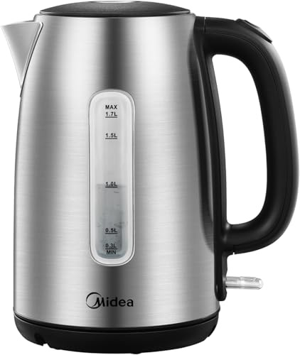 Midea Bollitore Elettrico Acciaio Inox, 2200 W, 1,7 L, Ebollizione Rapida | Acciaio Inox Alimentare, Senza BPA, Indicatore LED, Base 360°, Coperchio a Pulsante, Finestra Livello Acqua