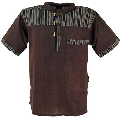 GURU SHOP Nepal fiskarskjorta, randig goa hippie kortärmad skjorta, män, bomull, skjortor alternativ kläder, kaffe, XL