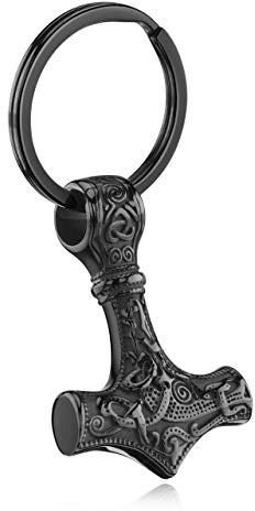 PiercingJak Schlüsselanhänger Wikinger Thor Hammer Anhänger Keltischer Knoten Thors Hammer Keychain für Herren Damen, Silber/Schwarz