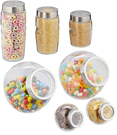 Relaxdays Vorratsgläser 7er Set, Bonboniere & Vorratsdosen mit Deckel, Volumen 1,5 l, 1 l, 800 ml, 600 ml, 200 ml, klar