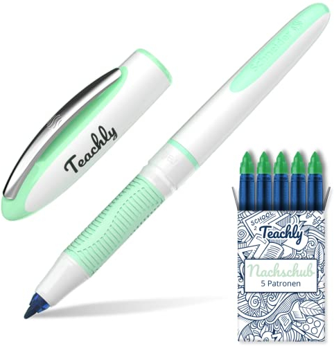 Teachly Superteacher Tintenroller - Nachfüllbarer Lehrerstift für Schule & Uni (Mint) - Inkl. 7 Tintenpatronen (Grün)