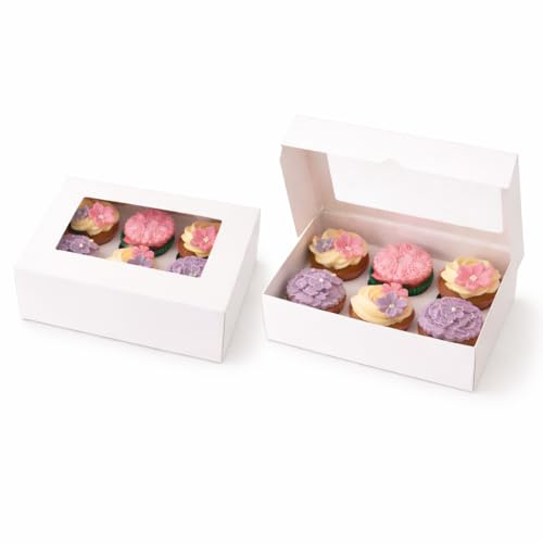 MASS DYNAMIC 25 Pack 6 Holes White Cupcake Boxes – Pre-Assembled Cupcakes Carrier With Transparent Window, Cupcake Holder Box, Food Grading Container for Muffins