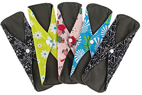 5 Pack Reusable Cloth Sanitary Towels with Bamboo Charcoal ，Washable Waterproof Menstrual Absorbent Pads for Medium,Heavy Flow Night Washable Cloth Menstrual Sanitary Towels