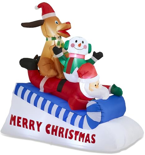 Glitzhome 6FT Inflatable Skiing Santa with Snowman and Dog, LED Christmas Yard Decoration, Animated Outdoor Indoor Xmas Decor with Merry Christmas Sign