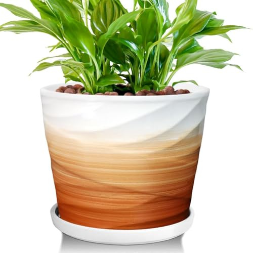 YUFDA 8 Inch Plant Pot, Ceramic Planter with Drainage and Saucer, Ceramic Pots for Plants, Indoor Plant pots, Flower pots，Modern Planter(Khaki + White)