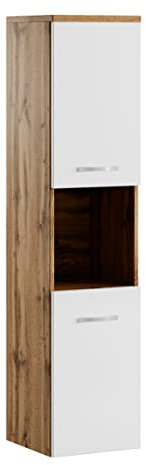 Badplaats Badezimmerschrank Montreal 30 x 30 x 131 cm Eiche mit Weiß Hochglanz - Hoch Badschrank Mit 2 Türen