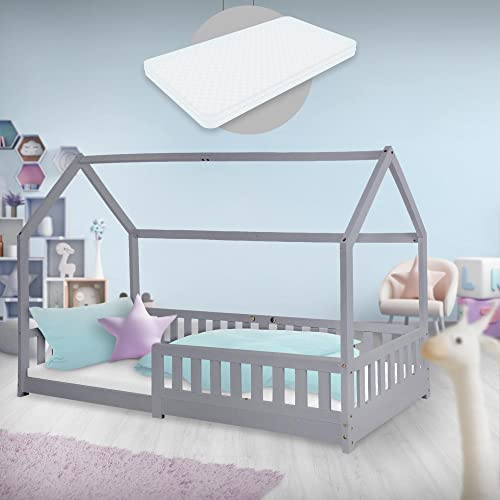 ML-Design Barnsäng 90x200 cm ljusgrå med madrass, fallskydd, tak och lamellram, leksäng i massivt trä, hussäng för tjejer/killar, sänghus i furu, ungdomssäng barnhus träsäng