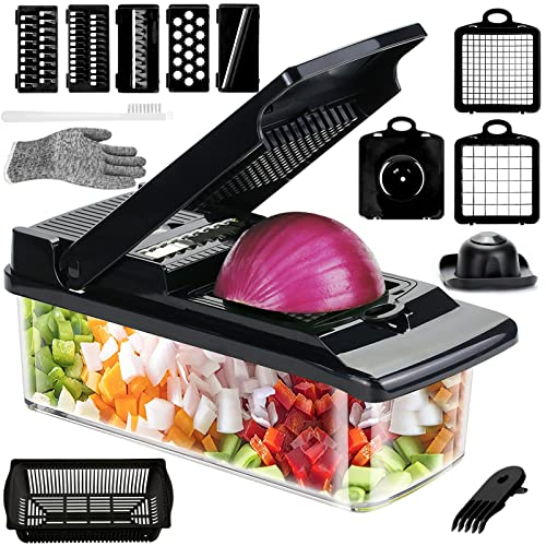 Gemüseschneider, IDIQIB Gemüsehobel mit Edelstahl Klingen 15 in 1 Multifunktion Mandoline Zwiebelschneider und Obstschneider für Hobeln von Obst und Gemüse, Karotte, Kartoffel