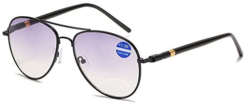 Lanomi Bifokale Pilot Lesebrille Blaulichtfilter Metall Sonnenbrille mit Sehstärke Leicht Grau Leser UV Schutz Sehhilfe Lesehilfe Herren Damen Brille 1.0 1.5 2.0 2.5 3.0 3.5 4.0 Schwarz 1.5