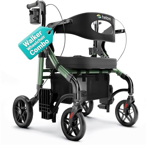 Helavo Déambulateur et Fauteuil Roulant 2 en 1 avec Roues Tout-Terrain – Rollator Léger Pliable avec Fonction Fauteuil Roulant, Hauteur Réglable, Charge jusqu’à 136 kg