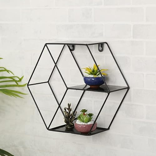 Hexagon Metallregal mit 3 Böden,Gewürzregal im Industrie Design, Küchenregal mit 3 Böden,Metall Wanddeko Wohnzimmer Industrieller Stil,Schweberegal Sechseckiges Hängeregal 29*10*25.6 cm (schwarz)