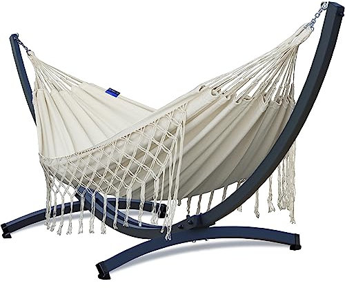 Potenza Outdoor Hängematte mit Gestell für 2 Personen I Medelin - 100% Baumwolle Doppelhängematte 230x160, 200kg I Aluminium Hängemattengestell 350 kg, wetterfest
