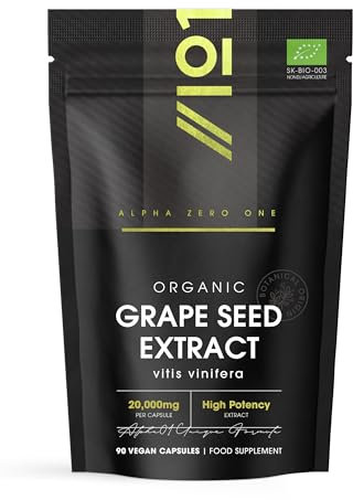 Organic Grapeseed Extract 20,000mg - High Strength 50:1 Extract - 90 Vegan Capsules (3 Months Supply) - Resealable and Recyclable Pouch - by Alpha01