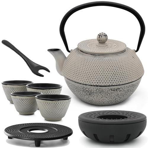 Bredemeijer Asia Teekanne Gusseisen Set 1.1 Liter - grauer Teekessel & Edelstahl-Filter für losen Tee & 4 Tee-Becher & Stövchen & Deckelheber & Untersetzer