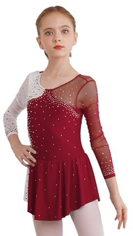 Rswnyirn Mädchen Tanzkleid Glitzer Eiskunstlauf Kleid Langarm Kürkleid mit Strass Ballettkleid Ballett Trikot Body Tanz Wettbewerb Rock Kostüm Burgundy 122-128