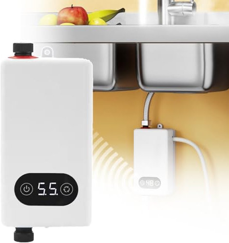 QIeAny Mini Electric Water Heater(5500W),Touch Screen + Digital Display,4 Levels of Temperature Control (25~55℃),Over-temperature Power Outage/fully Automatic,Dry Burn Protection,White