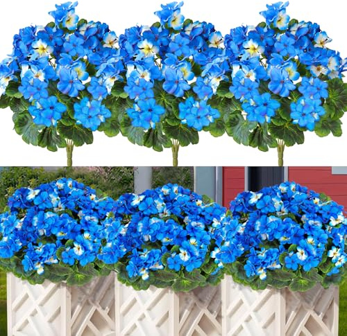 Kunstblumen wie Echt 44CM Künstliche Geranien Seidenblumen 3 Bündel Blau | Künstliche Blumen Balkonpflanzen Outdoor Wetterfest UV-beständig Fake Blumenstrauß Balkon Blumen für Indoor Garten Vase Tisch