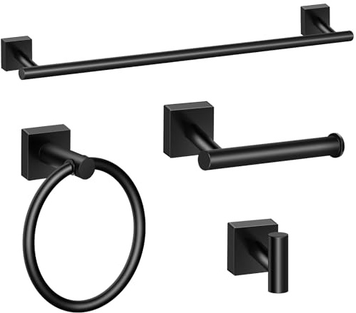 DEGULAS Bathroom Hardware Set 4 Pieces, Matte Black Stainless Steel Towel Bar Set, Includes 24In Towel Bar, Towel Ring, Robe Towel Hooks,Toilet Paper Holder, Wall Mounted Towel Rack Set