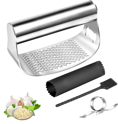 Knoblauchpresse 4-Eiliges Knoblauchpresse Edelstahl Knoblauchpresse Wippe knoblauchpressen mit Silikon-Knoblauchschäler und zu Reinigen für die Zerkleinerung von Knoblauch Ingwer