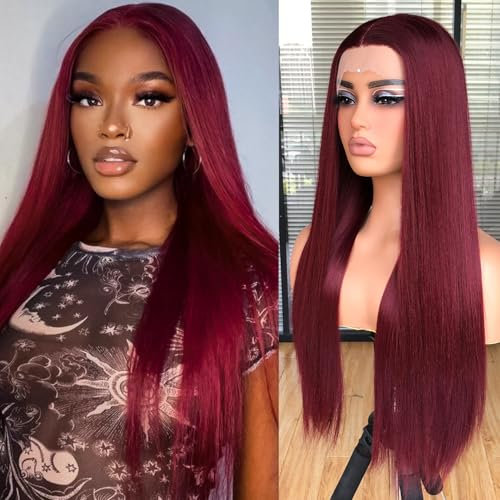 Lizzy Synthetische Spitze Front Perücke Lange Gerade Perücken für Frauen Gluless Pre Plucked Lace Front Perücken Mit Babyhaar 26inch Ready to Wear Perücken Anfänger Friendly (Burgund)