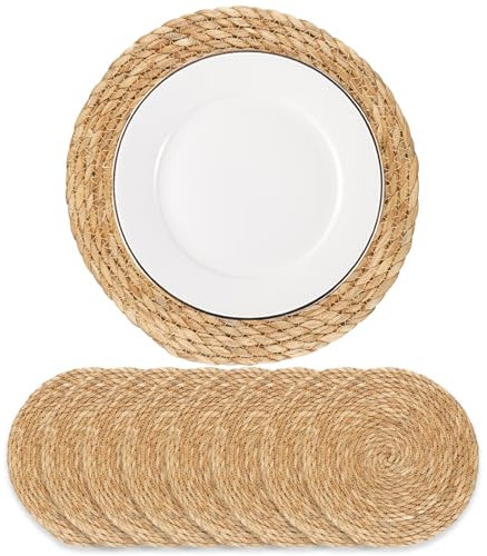 Dimpola Woven Placemats Set of 8, 13.5 Boho Rattan Placemats Round Natural Hand-Woven Water Hyacinth Placemats, Farmhouse Place Mats, Rustic Braided Wicker Table Mats for Dining Table,Home,Wedding
