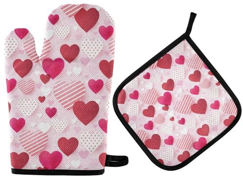 Ofenhandschuhe Süße Streifen Herzen Rosa Topflappen Set Hitzeresistente Topfhandschuhe Anti-Rutsch Grillhandschuhe Für Grillen Kochen Barbecue