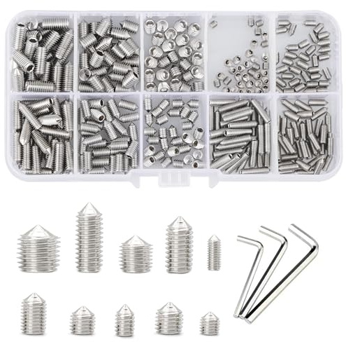 TOP-VIGOR 308Pcs Cone Cup Point Grub Screws, M3/M4/M5 Hex Head Socket Screws Set Assorted, Threads Screws with Internal Hex Drive for Door Handle, Faucet, Light Fixture Home Repairs, Fixtures