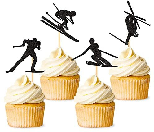 Blumomon 28 Stück Ski-Cupcake-Dekorationen, Sportparty-Dekorationen, künstlerische Skikuchendekoration, Cupcake-Dekoration, Kinder, Erwachsene, Geburtstagstorten
