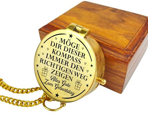Personalisierter Kompass mit Gravur Wunschmotiv zum Geburtstag und Wunschtext Name Diverse Designs Messing Ledertasche Geschenkbox Geschenkidee (in Vintage Optik und poliert)