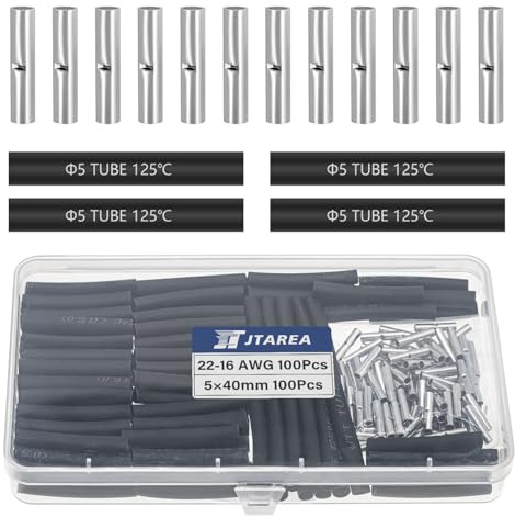 JTAREA 200 Pièces 22-16 AWG Cosses Électriques a Sertir Bout à Bout Non Isolées Kit avec Gaine Thermorétractable Connecteurs Electriques à Sert 0,5-1,5 mm² Câble Crimp Terminal Connecteur Électrique