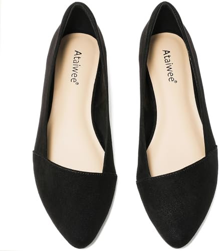 Ataiwee Women's Wide Width Flat Shoes - Dressy Pointed Toe Suede Slip On Comfort Ballet Flats.(1908076-2412, BK/MF, UK9 Wide)