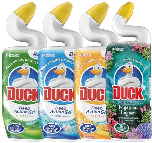 Duck Deep Action Gel Toilet Cleaner Bundle | Pack of 4 Scents - Pine Forest, Marine Wave, Citrus, Mystical Lagoon | Removes Limescale & Kills 99.9% of Bacteria | 50% Recycled Plastic Bottles