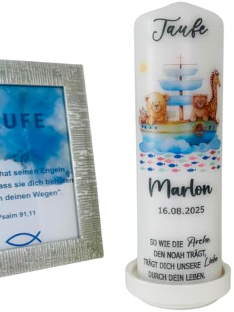 Taufkerze Mädchen, Jungen mit Taufspruch, Arche Noah, Safari-Tiere 25 cm x 8 cm, personalisierte Kerze, bedruckte Kerze zur Taufe, Stumpenkerze zur Taufe, Taufgeschenk,Patenkerze