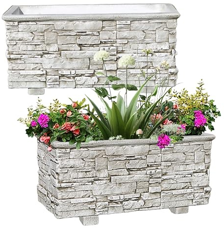 Garden Pley - Jardinera Exterior de Lajas, Hormigon 90x42x39 Vintage X2 | Maceteros grandes exterior y jardineras exteriores grandes; jardinera rectangular exterior de hormigón