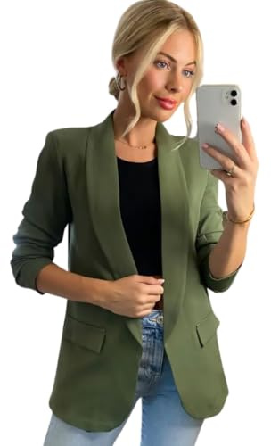 Divadames Womens Blazer Open Front Casual Cardigan Ruched Sleeve Work Office Blazer Jacket with Pockets