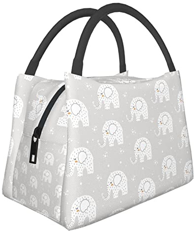 NUYFVG Cute Scandinavian Elephants in White Lunch Bag Travel Box Work Tote Cooler Reusable Bento Picnic Boxes Insulated Container Shopping Bags for Women Men Boys Girls