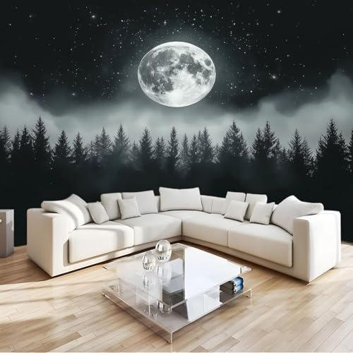 Générique 308 x 220 cm Papier peint panoramique Ciel Lune Forêt Sombre Murale, Poster et Tableaux Muraux Imprimés 3D, Papier peint intissé Noir pour décoration chambre et salon