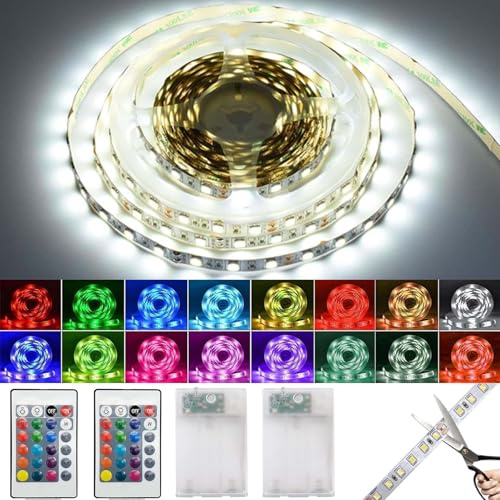 2 Stück LED Streifen Batterie 1m,Lichtband RGB 5050 Selbstklebendes 16 Farbenwechsel,Batteriebetriebene LED Streifen Lichter,LED Strip mit Fernbedienung für Schränke, Treppen, Küche, Betten